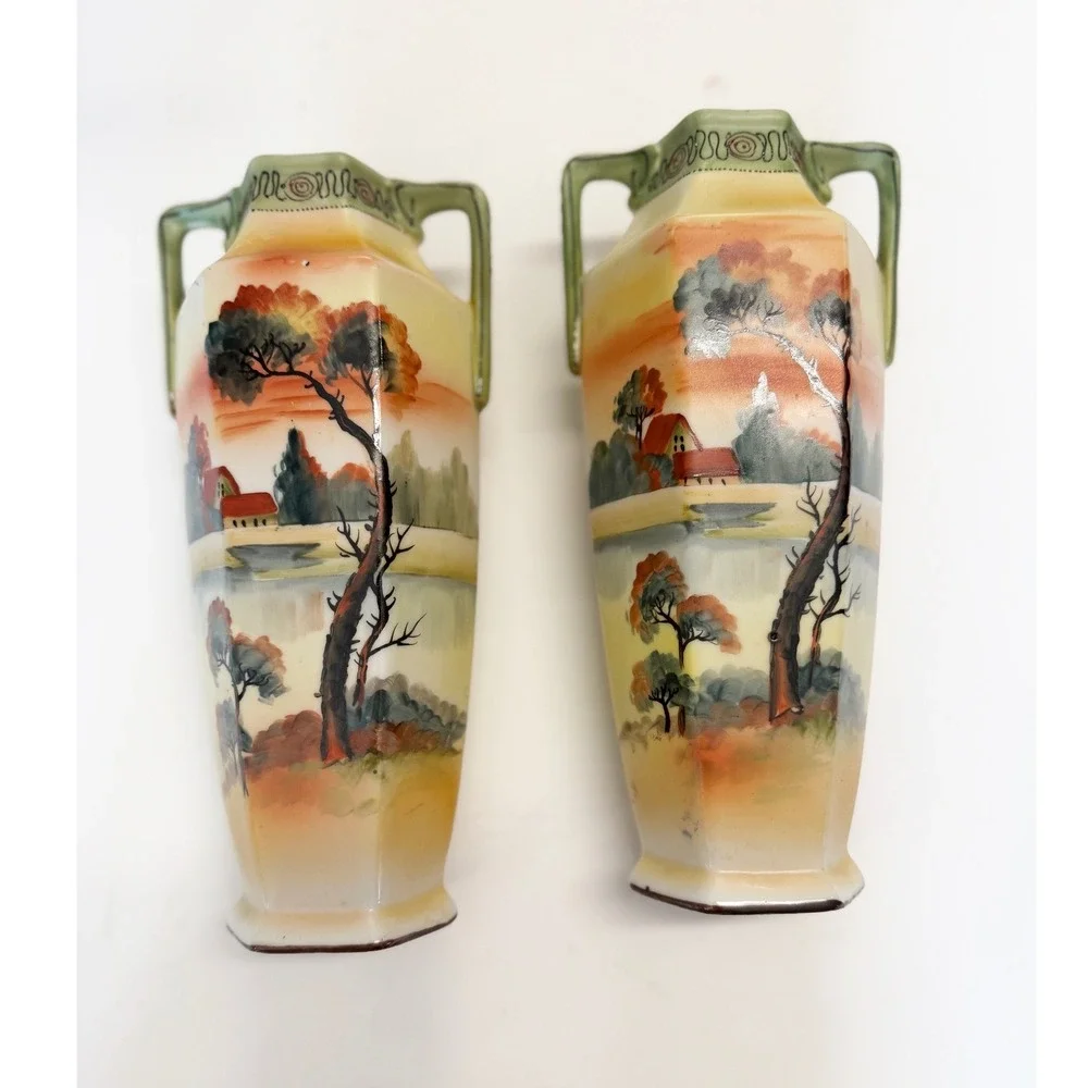Antique Nippon Hand Painted Landscape Vases Moriage Gilt Porcelain Pair 9.5